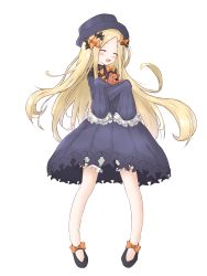 Rule 34 | 1girl, :d, abigail williams (fate), black bow, black dress, black footwear, black hat, blonde hair, bloomers, blush, bow, bug, butterfly, closed eyes, dress, fate/grand order, fate (series), forehead, hair bow, hat, highres, hugging object, insect, long hair, long sleeves, open mouth, orange bow, parted bangs, polka dot, polka dot bow, shoes, simple background, sleeves past fingers, sleeves past wrists, smile, solo, stuffed animal, stuffed toy, tan (kiriya0752), teddy bear, underwear, very long hair, white background, white bloomers