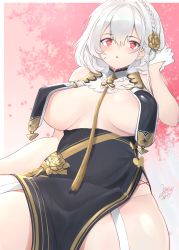 Rule 34 | 1girl, absurdres, azur lane, bare shoulders, blush, braid, breast curtains, breasts, cherry blossoms, china dress, chinese clothes, dress, floral print, flower, garter straps, gloves, gradient background, grey dress, hair between eyes, hair flower, hair ornament, half gloves, hand in own hair, highres, large breasts, looking at viewer, mizuno tera, neckwear between breasts, open mouth, pelvic curtain, pink background, red eyes, revealing clothes, short hair, side braid, sirius (azur lane), sirius (azure horizons) (azur lane), solo, tree, white gloves, white hair