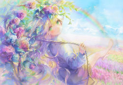 Rule 34 | 1girl, 888myrrh888, barefoot, blue dress, blue sky, blush, closed mouth, cloud, cloudy sky, commentary request, day, dress, field, flower, flower field, green eyes, green hair, hair between eyes, hair flower, hair ornament, long hair, long sleeves, looking at viewer, looking to the side, mountain, original, outdoors, pink flower, pink rose, puffy long sleeves, puffy sleeves, rose, sitting, sky, sleeves past wrists, smile, solo, swing, very long hair