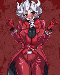 Rule 34 | 1girl, beelzebub (helltaker), blush, bow, bowtie, breasts, crazy agong, demon girl, demon horns, formal, freckles, gloves, helltaker, highres, horns, large breasts, looking at viewer, red bow, red eyes, red gloves, red suit, short hair, solo, suit, white hair