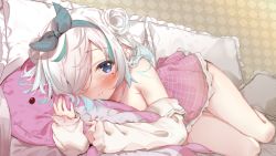 Rule 34 | 1girl, bare shoulders, blue eyes, blue hair, blue hairband, blue ribbon, blush, closed mouth, collarbone, commentary request, double bun, eip (pepai), frilled pillow, frills, gradient hair, hair bun, hair over one eye, hair ribbon, hairband, ilu fluor, indie virtual youtuber, long sleeves, looking at viewer, lying, mole, mole under eye, multicolored hair, hugging object, off shoulder, on side, pillow, pillow hug, pink skirt, puffy long sleeves, puffy sleeves, ribbon, shirt, skirt, sleeves past wrists, smile, solo, virtual youtuber, white hair, white shirt