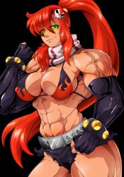 Rule 34 | 00s, 1girl, abs, aw08, belt, bikini, bikini top only, breasts, cleavage, elbow gloves, extreme muscles, female focus, fingerless gloves, gloves, hair ornament, hairpin, large breasts, long hair, looking at viewer, muscular, navel, ponytail, red hair, reiq, scarf, smile, solo, studded belt, swimsuit, tengen toppa gurren lagann, yellow eyes, yoko littner