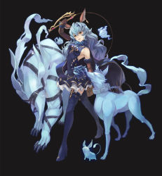 Rule 34 | 1girl, :d, alternate costume, animal ears, bare shoulders, black background, blue cape, blue dress, blue hair, blue thighhighs, boots, cape, commentary request, curly hair, dress, earrings, elbow gloves, erune, ferry (granblue fantasy), full body, ghost, gloves, granblue fantasy, hair between eyes, hair ornament, hairclip, high heel boots, high heels, highres, holding, holding whip, jewelry, legs apart, long hair, looking at viewer, ne.corn, open mouth, simple background, single earring, smile, teeth, thigh boots, thighhighs, upper teeth only, very long hair, x hair ornament, yellow eyes