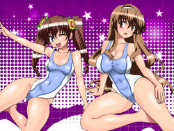 Rule 34 | 2girls, bad id, bad pixiv id, blue eyes, brown eyes, brown hair, competition swimsuit, fang, long hair, multiple girls, nogizaka haruka, nogizaka haruka no himitsu, nogizaka mika, one-piece swimsuit, one eye closed, sen (sansui), siblings, sisters, swimsuit, twintails, wink