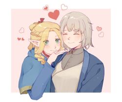 Rule 34 | 2girls, blonde hair, blue robe, border, braid, brown robe, choker, closed eyes, closed mouth, commentary, dungeon meshi, elf, english commentary, falin touden, falin touden (tallman), french braid, green eyes, grey hair, hair ribbon, hand on another&#039;s shoulder, heart, light particles, long hair, looking at viewer, marcille donato, multiple girls, outside border, pink background, pointy ears, red choker, red ribbon, ribbon, robe, short hair, simple background, smile, tiku (ttcwf03), upper body, white border, yuri