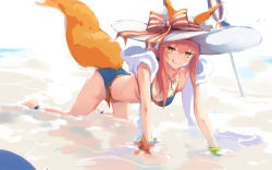 Rule 34 | 10s, 1girl, all fours, animal ears, bikini, blue bikini, breasts, cleavage, collarbone, ears through headwear, fate/extra, fate/grand order, fate (series), fox ears, fox tail, hat, large breasts, long hair, looking at viewer, nature, ocean, parasol, pink hair, solo, swimsuit, tail, tamamo (fate), tamamo no mae (fate/extra), tamamo no mae (swimsuit lancer) (fate), tamamo no mae (swimsuit lancer) (third ascension) (fate), tongue, tongue out, umbrella, yellow eyes, yinzhang