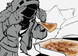 Rule 34 | 1other, arknights, commentary request, doctor (arknights), food, gloves, hood, hooded jacket, jacket, limited palette, man levitating pizza (meme), meme, open clothes, open jacket, period (ta 0425), pizza, pizza box, pizza slice, upper body