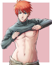 Rule 34 | 1boy, abs, asukan, blue eyes, eliwood (fire emblem), fire emblem, fire emblem: the blazing blade, male focus, nintendo, red hair, short hair, simple background, solo, undressing