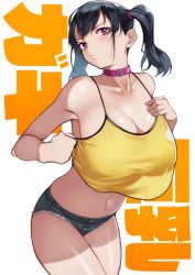Rule 34 | 1girl, absurdres, bare shoulders, black hair, blue shorts, blush, borrowed character, breasts, camisole, cleavage, collar, collarbone, denim, denim shorts, highres, large breasts, long hair, looking at viewer, navel, original, purple eyes, sasaki kanna (kaedeko), short shorts, shorts, solo, thighs, twintails, yellow camisole, yoshio (55level)