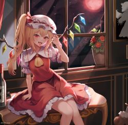 Rule 34 | 1girl, blonde hair, cowboy shot, crystal, dobostorte, flandre scarlet, hand up, hat, highres, indoors, long hair, mob cap, moon, open mouth, red eyes, red moon, side ponytail, sitting, solo, touhou