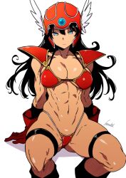 Rule 34 | 1girl, abs, armor, batta 16-sei, bikini armor, black hair, blue eyes, boots, breasts, closed mouth, dragon quest, dragon quest iii, gloves, helmet, highleg, highres, large breasts, long hair, looking at viewer, muscular, muscular female, navel, red armor, red gloves, red helmet, shiny skin, shoulder pads, signature, simple background, sitting, soldier (dq3), solo, stomach, thigh strap, toned, toned female, white background, winged helmet