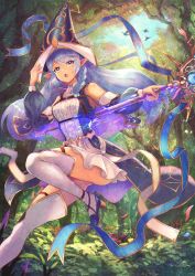 Rule 34 | 1girl, absurdres, bird, blue eyes, blue hair, braid, dappled sunlight, detached sleeves, dress, duel monster, floating hair, forest, fujino 123, hand on headwear, hat, high heels, highres, holding, holding staff, leg up, long hair, nature, open mouth, outdoors, pointy ears, shirt, sleeveless, sleeveless shirt, solo, staff, sunlight, thighhighs, tree, water enchantress of the temple, yu-gi-oh!