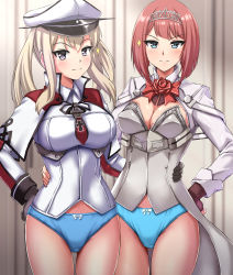 Rule 34 | 2girls, absurdres, ark royal (kancolle), black gloves, blonde hair, blue eyes, blue panties, blunt bangs, bob cut, breasts, brown gloves, celtic knot, cleavage cutout, clothing cutout, commission, corset, cross, fingerless gloves, flower, gloves, graf zeppelin (kancolle), hair between eyes, hat, highres, inverted bob, iron cross, jacket, kantai collection, large breasts, long sleeves, medium breasts, military, military uniform, multiple girls, panties, peaked cap, pixiv commission, purple eyes, red flower, red hair, red ribbon, red rose, ribbon, rose, short hair, sidelocks, tiara, twintails, underwear, uniform, white corset, white jacket, zanntetu
