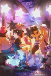 2boys 2girls aonik baseball_cap black_hair blonde_hair blue_fire bubble comfey creatures_(company) elio_(pokemon) fire game_freak gen_7_pokemon hat hau_(pokemon) lillie_(pokemon) litten malasada multiple_boys multiple_girls night night_sky nintendo outdoors palm_tree pokemon pokemon_(creature) pokemon_sm popplio rockruff rowlet selene_(pokemon) sky star_(symbol) sun_hat tree