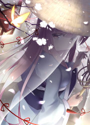 Rule 34 | 1girl, absurdres, alternate hair length, alternate hairstyle, alternate headwear, bad id, bad pixiv id, banzhai zhuchihuo, blunt bangs, branch, breasts, bug, butterfly, cherry blossoms, cowboy shot, from above, gradient eyes, hand up, hat, highres, holding, insect, japanese clothes, khakkhara, kimono, lantern, light, long hair, long sleeves, looking at viewer, looking back, medium breasts, multicolored eyes, obi, petals, pink eyes, pink hair, rice hat, saigyouji yuyuko, sash, see-through, shakujou, smile, solo, staff, touhou, veil, wide sleeves, wooden lantern