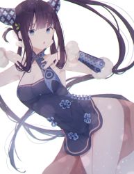 Rule 34 | 1girl, bare shoulders, black dress, blue eyes, blunt bangs, breasts, china dress, chinese clothes, cleavage, detached sleeves, dress, fate/grand order, fate (series), hair ornament, hands on own chest, hands up, highres, large breasts, leaf hair ornament, leaning forward, long hair, looking at viewer, open mouth, purple hair, side slit, sidelocks, simple background, solo, thighs, twintails, umeko 208, very long hair, white background, yang guifei (fate), yang guifei (second ascension) (fate)