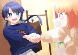 Rule 34 | 2girls, :d, aqua eyes, blue eyes, blue hair, blue ribbon, blue sweater, blush, brown jacket, clothes hanger, commentary request, crossed bangs, dark blue hair, dress, floating hair, hair ornament, hair ribbon, highres, hinoshita kaho, holding hands, jacket, link! like! love live!, long hair, long sleeves, looking at another, loungewear, love live!, low twintails, medium hair, mole, mole on neck, multiple girls, murano sayaka, official alternate costume, open mouth, orange hair, othiwo, rabbit hair ornament, ribbon, smile, sweater, teeth, twintails, two side up, unworn dress, virtual youtuber