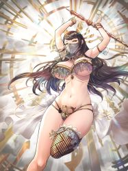 Rule 34 | 1girl, armlet, arms up, black hair, bracelet, breasts, commentary request, dancer, fang, frills, gold, highres, holding, holding staff, jewelry, large breasts, long hair, looking at viewer, mouth veil, navel, odachu, orange eyes, original, parted lips, revealing clothes, single thighhigh, skin fang, solo, staff, thighhighs, veil