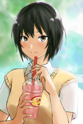 Rule 34 | 1girl, absurdres, amagami, black hair, blouse, blurry, blurry background, blush, brown eyes, closed mouth, commentary, cup, disposable cup, dress shirt, drink, drinking straw, foliage, highres, holding, holding cup, holding drink, kibito high school uniform, looking at viewer, nanasaki ai, school uniform, shirt, short hair, smile, smoothie, solo, sweater vest, upper body, white shirt, yellow sweater vest, yoo tenchi