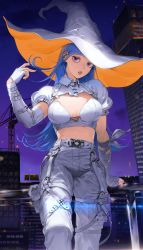 Rule 34 | 1girl, absurdres, belt, blue hair, breasts, building, corset, ear piercing, elbow gloves, fingerless gloves, floating hair, gloves, hand up, hat, highres, large breasts, large hat, long hair, looking at viewer, midriff, namo (minamo88), night, night sky, original, pants, parted lips, piercing, pouch, puffy short sleeves, puffy sleeves, purple eyes, purple sky, short sleeves, shrug (clothing), sky, skyscraper, solo, two-sided fabric, two-sided headwear, white belt, white gloves, white hat, white pants, witch hat