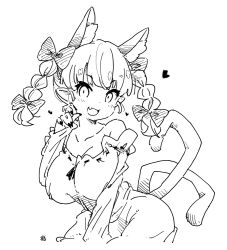 Rule 34 | alternate costume, animal ears, braid, breasts, cat ears, cat tail, commentary request, cropped legs, dress, extra ears, fang, fingernails, greyscale, hand up, heart, kaenbyou rin, large breasts, long fingernails, long hair, long sleeves, looking at viewer, monochrome, multiple tails, open mouth, pointy ears, sharp fingernails, signature, skin fang, smile, tail, tanasuke, touhou, twin braids, twintails, two tails, upper body, white background, white dress