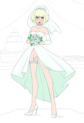 Rule 34 | 1boy, absurdres, androgynous, blonde hair, blush, bottomless, bouquet, bridal veil, bride, cake, choker, crossdressing, dress, embarrassed, flower, food, full body, high heels, highres, lio fotia, lipstick, looking at viewer, makeup, male bride, male focus, no panties, open mouth, penis, pizza, promare, purple eyes, sealguy, simple background, small penis, solo, sweatdrop, testicles, trap, veil, wardrobe malfunction, wedding dress, white dress, white flower, white footwear