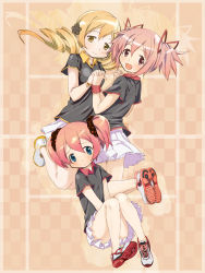 Rule 34 | 10s, 3girls, :d, abe kanari, alternate costume, blonde hair, blue eyes, charlotte (madoka magica), drill hair, hair ornament, hair ribbon, highres, holding hands, kaname madoka, mahou shoujo madoka magica, mahou shoujo madoka magica (anime), multiple girls, official style, open mouth, panties, personification, pink eyes, pink hair, ribbon, shoes, short twintails, skirt, smile, sneakers, tomoe mami, twin drills, twintails, underwear, yellow eyes, yuri