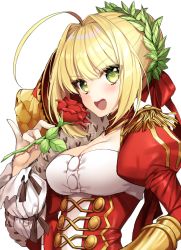 Rule 34 | &gt;:d, 10s, 1girl, :d, ahoge, blonde hair, blush, breasts, cleavage, epaulettes, fate/extra, fate (series), gambe, green eyes, hair intakes, hand up, highres, juliet sleeves, large breasts, long sleeves, looking at viewer, nero claudius (fate), nero claudius (fate) (all), nero claudius (fate/extra), open mouth, puffy sleeves, sidelocks, simple background, smile, solo, upper body, v-shaped eyebrows, white background