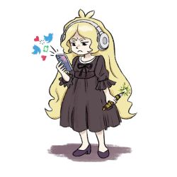 Rule 34 | 1girl, ahoge, annabel cr&egrave;me, arrow (symbol), black dress, black eyes, black footwear, black ribbon, blonde hair, cellphone, commentary, diana cavendish, dress, english commentary, headphones, highres, holding, holding phone, little witch academia, long hair, looking at screen, meme, neck ribbon, phone, retweet (meme), ribbon, simple background, solo, standing, truffleduster, twitter logo, very long hair, white background