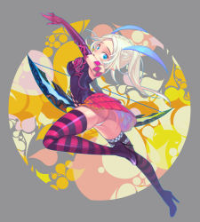 Rule 34 | 1girl, ass, blonde hair, blue eyes, bow (weapon), breasts, dragon nest, full body, holding, holding weapon, long hair, mask alice, medium breasts, open mouth, panties, pantyshot, pointy ears, skirt, solo, striped clothes, striped thighhighs, thighhighs, underwear, weapon, white panties