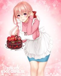 Rule 34 | 1girl, apron, blush, bow, breasts, cake, chocolate, commentary request, food, fruit, gradient background, hair bow, heart, heart background, holding, large breasts, leaning forward, logo, long hair, long sleeves, looking at viewer, official art, parted lips, pink hair, purple eyes, re:shimashima, ribbed sweater, simple background, skirt, smile, solo, star (symbol), strawberry, sweater, tokyo exe girls, valentine