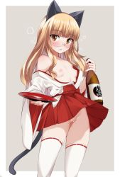 Rule 34 | 1girl, alcohol, animal ears, blush, bottle, breasts, cat ears, cat tail, cleft of venus, cup, drunk, flying sweatdrops, glasses, hakama, hakama short skirt, hakama skirt, highres, hip vent, holding, japanese clothes, long hair, looking at viewer, miko, momendoufu, nipples, no panties, off shoulder, open clothes, outside border, perrine h. clostermann, pussy, pussy juice, red hakama, sake, sarashi, skirt, small breasts, solo, squeans, standing, strike witches, tail, thighhighs, world witches series