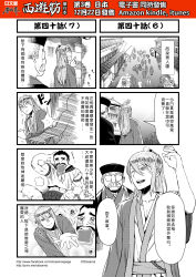 Rule 34 | 3boys, 4koma, blush, chinese text, comic, crossdressing, facial hair, floral background, greyscale, hat, highres, journey to the west, long hair, male focus, monochrome, multiple boys, muscular, mustache, otosama, rose background, school uniform, serafuku