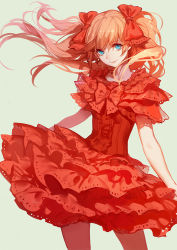 Rule 34 | 1girl, ask (askzy), blue eyes, breasts, brown hair, dress, frilled skirt, frills, hair ribbon, long hair, looking at viewer, neon genesis evangelion, pantyhose, red dress, red ribbon, red theme, ribbon, simple background, skirt, small breasts, smile, solo, souryuu asuka langley, twintails