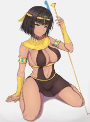 Rule 34 | 1girl, ankh, armlet, band-width, black hair, blunt bangs, breasts, circlet, covered erect nipples, dark-skinned female, dark skin, egyptian, egyptian clothes, full body, gold, green eyes, highres, jewelry, large breasts, looking at viewer, navel, necklace, original, revealing clothes, ring, see-through, short hair, simple background, sitting, smile, solo, staff, underbust, vambraces, wariza