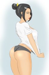 Rule 34 | 1girl, absurdres, arched back, ass, avatar: the last airbender, avatar legends, azula, bare legs, black hair, black panties, breasts, brown eyes, clothes pull, crown, gradient background, hair bun, highres, large breasts, lipstick, looking away, makeup, mr-blue, panties, profile, shirt, shirt pull, single hair bun, solo, t-shirt, thighs, underwear, yellow eyes