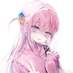 Rule 34 | 1girl, @ @, absurdres, blue eyes, bocchi the rock!, cube hair ornament, double v, gotoh hitori, hair ornament, highres, jacket, kitere, long hair, looking at viewer, one side up, pink hair, pink jacket, simple background, solo, track jacket, upper body, v, white background