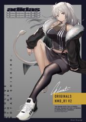 Rule 34 | 1girl, absurdres, adidas, animal ears, bare shoulders, black border, black jacket, black pantyhose, black shirt, border, breasts, cleavage, commentary, fur-trimmed jacket, fur trim, grey background, grey eyes, grey skirt, head tilt, highres, hololive, invisible chair, ioriwu8, jacket, knee up, large breasts, lion ears, long hair, long sleeves, looking at viewer, midriff peek, miniskirt, navel, open clothes, open jacket, outside border, pantyhose, see-through, see-through cleavage, shirt, shishiro botan, shishiro botan (1st costume), shoes, silver hair, single leg pantyhose, sitting, skirt, sleeveless, sleeveless shirt, sneakers, solo, virtual youtuber, white footwear