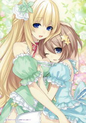 Rule 34 | 2girls, :d, ;d, absurdres, bare shoulders, blanc (neptunia), blonde hair, blue eyes, breast pillow, breasts, choker, choujigen game neptune, detached sleeves, flower, frilled sleeves, frills, hair ornament, hand on another&#039;s head, highres, large breasts, long hair, looking at viewer, multiple girls, neck ribbon, neptune (series), official art, one eye closed, open mouth, ribbon, rose, short hair, smile, star (symbol), star hair ornament, thighhighs, tsunako, vert (neptunia), very long hair, white flower, white legwear, white rose