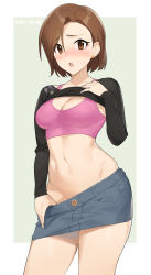 Rule 34 | 1girl, absurdres, blush, bra, breasts, brown eyes, brown hair, cleavage, clothes lift, clothes pull, commentary request, cowboy shot, dated, earrings, groin, highres, idolmaster, idolmaster cinderella girls, jewelry, long sleeves, medium breasts, miniskirt, mizuki seira, navel, nose blush, onao, open mouth, pencil skirt, pink bra, shirt lift, short hair, skirt, skirt pull, solo, sports bra, stud earrings, sweatdrop, underwear, undressing