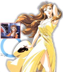 Rule 34 | 1girl, antenna hair, arm behind back, arm behind head, armpits, bare shoulders, breasts, brown eyes, brown hair, buttons, chair, cleavage, cockpit, dress, earrings, floating hair, haruka minato, holding, jewelry, kidou senkan nadesico, large breasts, lipstick, long dress, long hair, long sleeves, looking down, looking to the side, makeup, military, military uniform, multiple views, necklace, no bra, official art, pendant, sandals, unworn sandals, scan, shadow, side slit, sidelocks, sitting, smile, standing, strap gap, sundress, unbuttoned, uniform, white background, yamaoka shin&#039;ichi