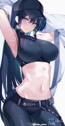 Rule 34 | 1girl, armpits, arms behind head, artist name, bare shoulders, belt buckle, black hair, black hat, black pants, blue archive, blue eyes, blush, buckle, circle name, commentary, crop top, embarrassed, furrowed brow, groin, hat, highres, hwansang jungdog, impossible clothes, impossible shirt, long hair, looking at viewer, navel, open clothes, open shirt, pants, saori (blue archive), shirt, sideways glance, simple background, solo, stomach, turtleneck, twitter username, watermark, white background, white shirt