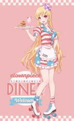 Rule 34 | 1girl, :d, adapted costume, alternate headwear, american flag legwear, american flag shirt, american flag skirt, apron, asymmetrical legwear, blonde hair, blue shirt, blue skirt, blue socks, blush, border, breasts, burger, character name, checkered border, cherry, cleavage, clothes writing, clownpiece, collarbone, commentary, cross-laced footwear, cup, drinking glass, drinking straw, earrings, food, french fries, frilled apron, frills, fruit, full body, hand on own hip, hand up, hat, head tilt, highres, holding, holding tray, ice cream, jewelry, long hair, looking at viewer, medium breasts, mini hat, miniskirt, mismatched legwear, open mouth, petticoat, pink background, pink eyes, plate, polka dot headwear, puffy short sleeves, puffy sleeves, purple hat, red shirt, red skirt, red socks, roller skates, shirt, short sleeves, simple background, skates, skirt, skirt set, smile, socks, solo, standing, star (symbol), star print, striped clothes, striped shirt, striped skirt, striped socks, sundae, thighs, torinari (dtvisu), touhou, tray, very long hair, waist apron, white apron, white footwear, white shirt, white skirt, white socks