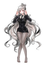 Rule 34 | 00s, 1girl, 96dgd, absurdres, air quotes, black necktie, black pantyhose, black shorts, black suit, blush, character request, collar, dungeon and fighter, expressionless, feet, female slayer (dungeon and fighter), formal, full body, grey hair, highres, legs together, lips, long hair, long sleeves, looking at viewer, multicolored hair, necktie, no shoes, pantyhose, red eyes, shiny clothes, shiny skin, short shorts, shorts, simple background, solo, suit, toes, two-tone hair, very long hair, white background