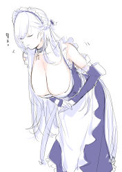 Rule 34 | 1girl, absurdres, apron, azur lane, belfast (azur lane), blue dress, blue eyes, bowing, breasts, cleavage, closed eyes, closed mouth, collarbone, commentary request, dress, elbow gloves, gloves, highres, huge breasts, leaning forward, long hair, looking at viewer, maid, maid apron, maid headdress, mogi yasunobu, simple background, sketch, solo, swept bangs, upper body, white background, white hair