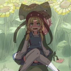 Rule 34 | 2girls, blonde hair, collarbone, crying, dirty, fang, female focus, flower, gohei, hakurei reimu, hat, imminent rape, knees together feet apart, knees together feet apart, moriya suwako, multiple girls, ominous shadow, open mouth, power-up, shadow, sitting, sunflower, takashi yanagi, tears, thighhighs, touhou, yellow eyes, you gonna get raped