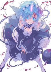 Rule 34 | 10s, 1girl, ball and chain (weapon), bcoca, blood, blood on face, blue eyes, blue hair, breasts, demon girl, detached sleeves, flail, frilled sleeves, frills, hair ornament, hair ribbon, highres, horns, looking at viewer, maid, morning star, oni, pink ribbon, re:zero kara hajimeru isekai seikatsu, red ribbon, rem (re:zero), ribbon, short hair, single horn, solo, spiked ball and chain, underbust, weapon, white legwear, x hair ornament