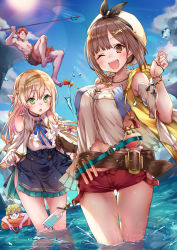 Rule 34 | 2boys, 2girls, :o, ;d, ahoge, alt (ctrldel), atelier (series), atelier ryza, atelier ryza 1, belt, blonde hair, blue eyes, blue neckwear, blue ribbon, blue skirt, blue sky, blush, breasts, brown eyes, brown gloves, brown hair, cleavage, cloud, day, glasses, gloves, green eyes, hair ornament, hairband, hairclip, hat, highres, holding, holding polearm, holding weapon, jewelry, klaudia valentz, lent marslink, long hair, medium breasts, multiple boys, multiple girls, navel, necklace, ocean, one eye closed, open mouth, outdoors, partially submerged, polearm, red hair, red shorts, reisalin stout, ribbon, short hair, short shorts, shorts, single glove, skirt, sky, smile, star (symbol), sun, tao mongarten, teeth, thigh gap, thighs, trident, upper teeth only, wading, weapon, wet, white headwear, yellow hairband