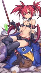 Rule 34 | 1girl, :3, arm belt, arm support, armband, belt, bikini, bikini top only, black bikini, black collar, black footwear, black gloves, black skin, black thighhighs, boots, brown belt, closed mouth, collar, colored skin, cup, demon girl, demon tail, demon wings, disgaea, drinking glass, drinking straw, earrings, elbow gloves, etna (disgaea), gloves, hair tie, high heel boots, high heels, highres, holding, holding spoon, jewelry, kuma (jk0073), leaning back, looking at viewer, makai senki disgaea, microskirt, mini wings, navel, pointy ears, prinny, red eyes, red hair, red wings, short hair, sitting, sitting on person, skirt, skull earrings, smile, spoon, sweatdrop, swimsuit, tail, thighhighs, tray, twintails, white background, wings