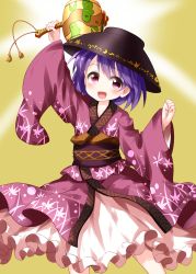 Rule 34 | 1girl, black hat, bowl, bowl hat, cowboy shot, green background, hat, highres, holding, holding mallet, japanese clothes, kimono, long sleeves, looking at viewer, mallet, miracle mallet, obi, open mouth, pink eyes, pink kimono, purple hair, ruu (tksymkw), sash, short hair, simple background, smile, solo, standing, sukuna shinmyoumaru, touhou, wide sleeves